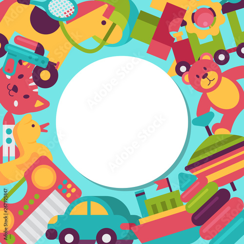 Baby toy round pattern in flat cartoon style. Kids game teddy bear, pyramid, doll. Children fun and activity play colorful kindergarten background vector illustration.