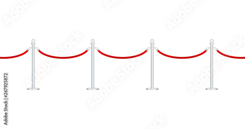Red carpet with red ropes on golden stanchions. Exclusive event, movie premiere, gala, ceremony, awards concept. Vector stock illustration.