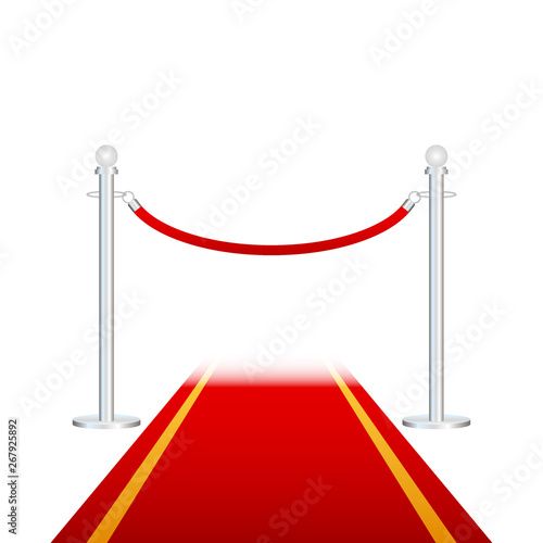 Red carpet with red ropes on golden stanchions. Exclusive event, movie premiere, gala, ceremony, awards concept. Vector stock illustration.