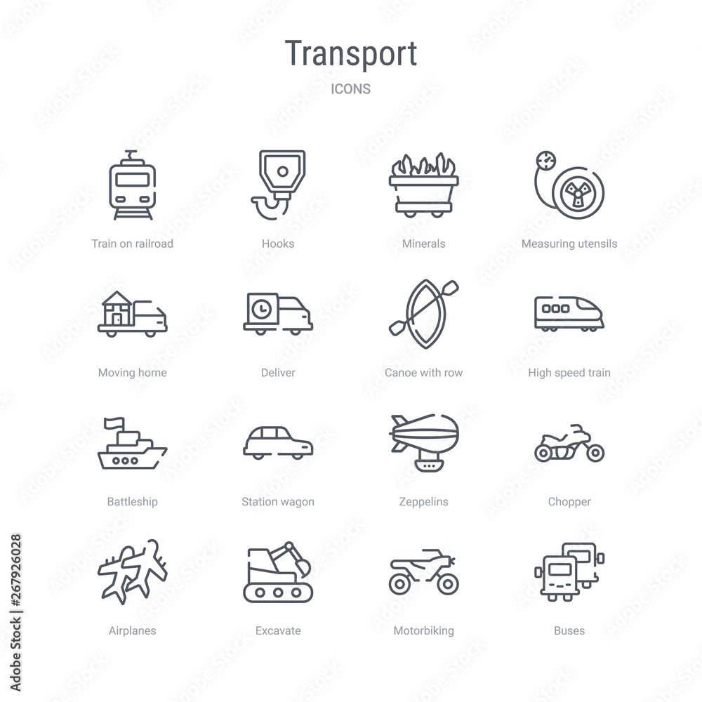 set of 16 transport concept vector line icons such as buses, motorbiking, excavate, airplanes, chopper, zeppelins, station wagon, battleship. 64x64 thin stroke icons set of 16 transport concept vector line icons such as buses, motorbiking, excavate, airplanes, chopper, zeppelins, station wagon, battleship. 64x64 thin stroke icons