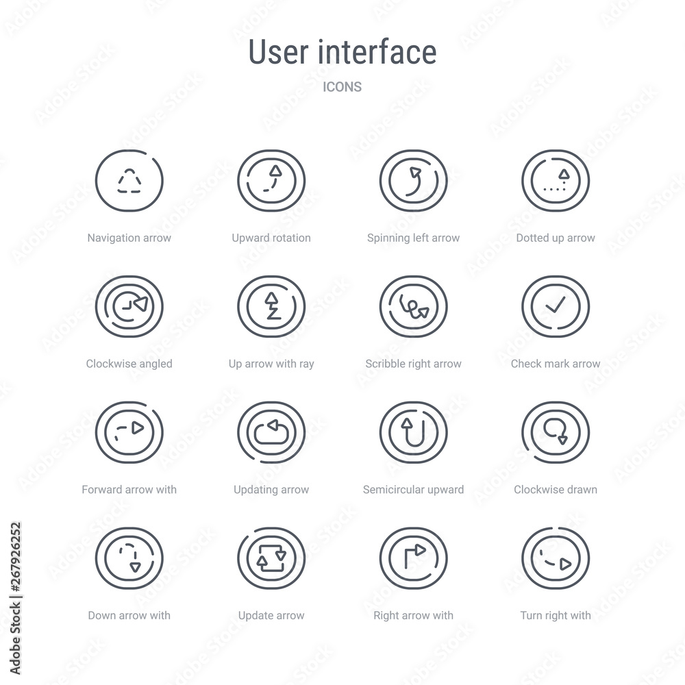 set of 16 user interface concept vector line icons such as turn right with broken line, right arrow with turn, update arrow, down arrow with broken lines, clockwise drawn semicircular upward
