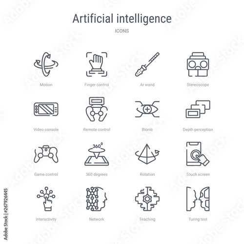 set of 16 artificial intelligence concept vector line icons such as turing test, teaching, network, interactivity, touch screen, rotation, 360 degrees, game control. 64x64 thin stroke icons