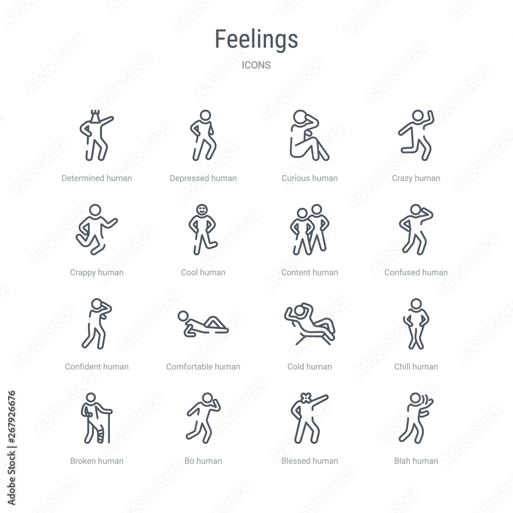 set of 16 feelings concept vector line icons such as blah human, blessed human, bo human, broken chill cold comfortable confident 64x64 thin stroke icons