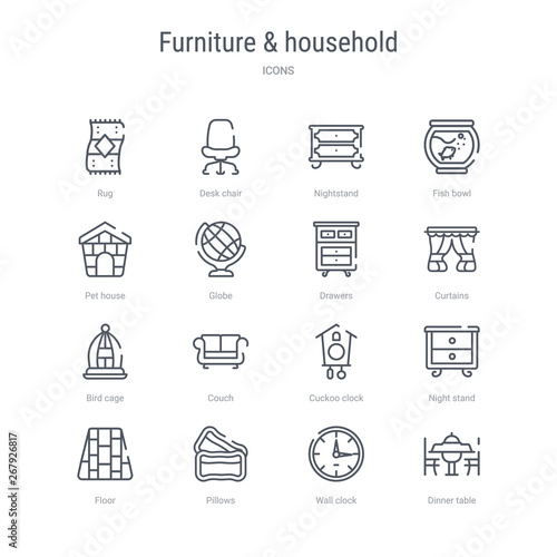 set of 16 furniture & household concept vector line icons such as dinner table, wall clock, pillows, floor, night stand, cuckoo clock, couch, bird cage. 64x64 thin stroke icons