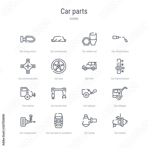 set of 16 car parts concept vector line icons such as car starter, car sump, sunroof or sunshine roof, suspension, tailgate, tailpipe, torsion bar, towbar. 64x64 thin stroke icons photo