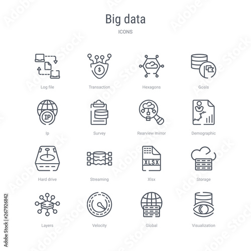 set of 16 big data concept vector line icons such as visualization, global, velocity, layers, storage, xlsx, streaming, hard drive. 64x64 thin stroke icons