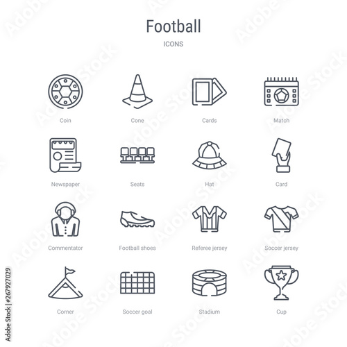 set of 16 football concept vector line icons such as cup, stadium, soccer goal, corner, soccer jersey, referee jersey, football shoes, commentator. 64x64 thin stroke icons