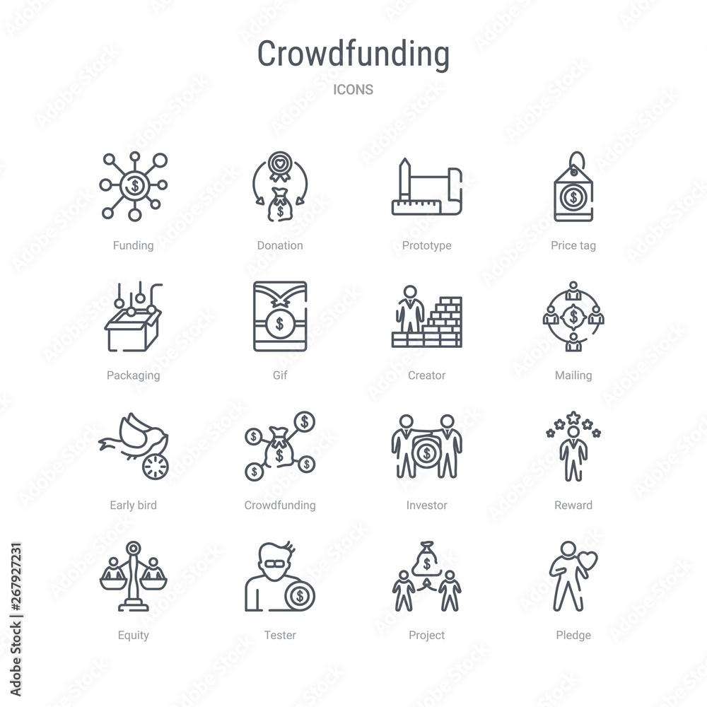 set of 16 crowdfunding concept vector line icons such as pledge, project, tester, equity, reward, investor, crowdfunding, early bird. 64x64 thin stroke icons