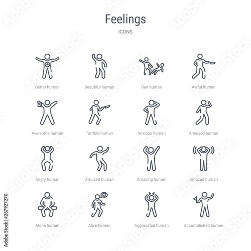 set of 16 feelings concept vector line icons such as accomplished human, aggravated human, alive human, alone amazed amazing amused angry 64x64 thin stroke icons