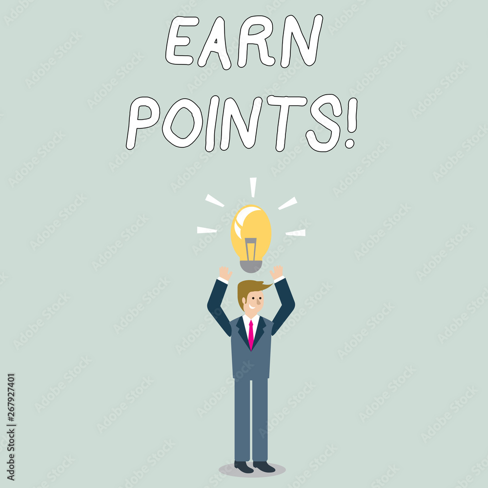 Word writing text Earn Points. Business photo showcasing collecting scores in order qualify to win big prize Businessman Standing Raising Arms Upward with Lighted Bulb Icon on his Head Word writing text Earn Points. Business photo showcasing collecting scores in order qualify to win big prize Businessman Standing Raising Arms Upward with Lighted Bulb Icon on his Head