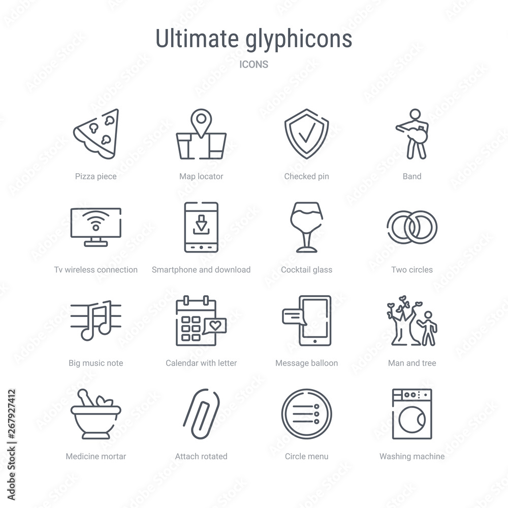set of 16 ultimate glyphicons concept vector line icons such as washing machine with dots, circle menu, attach rotated, medicine mortar, man and tree, message balloon, calendar with letter x, big