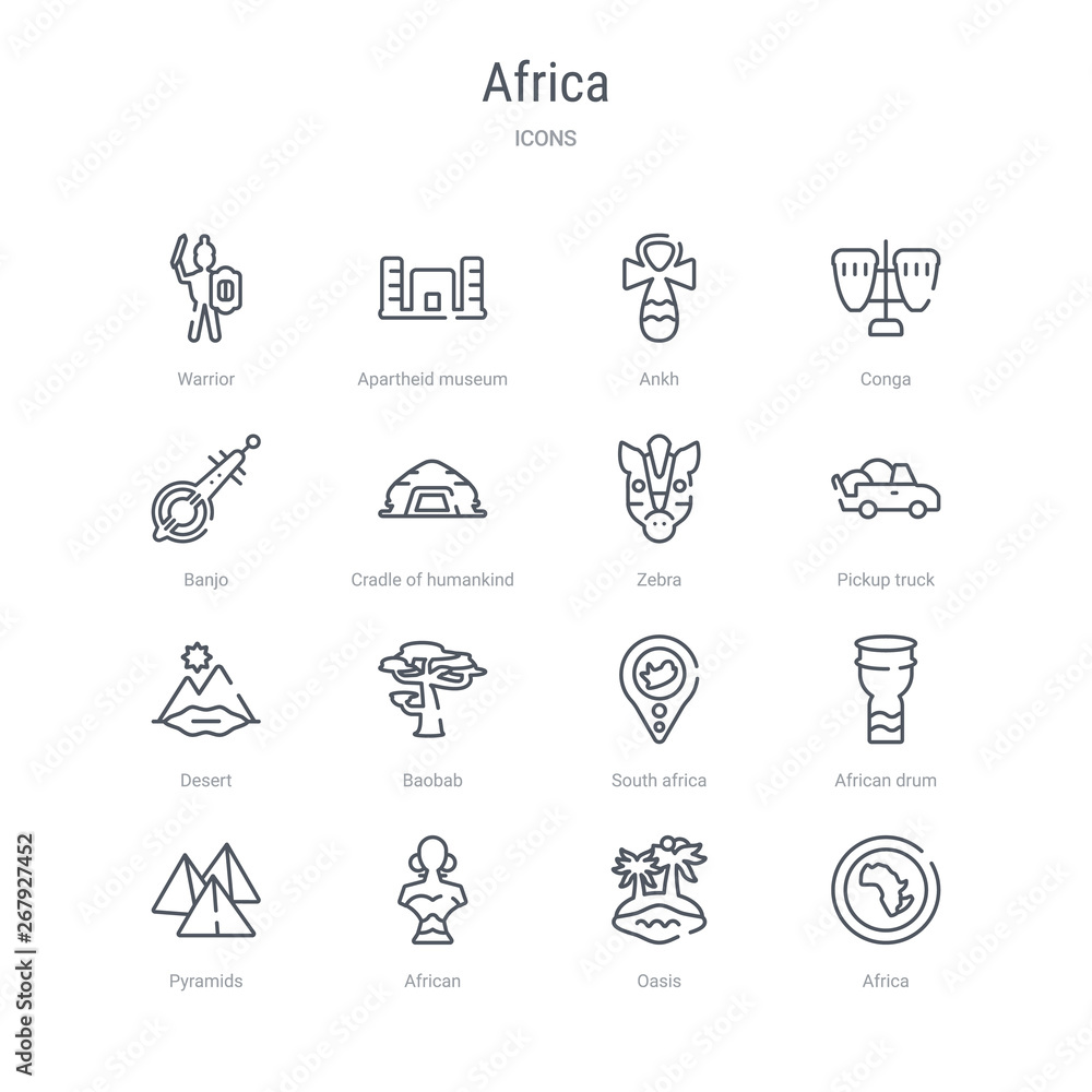 set of 16 africa concept vector line icons such as africa, oasis, african, pyramids, african drum, south africa, baobab, desert. 64x64 thin stroke icons set of 16 africa concept vector line icons such as africa, oasis, african, pyramids, african drum, south africa, baobab, desert. 64x64 thin stroke icons