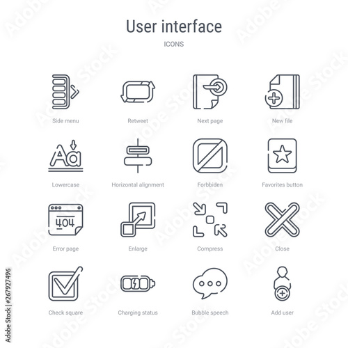 set of 16 user interface concept vector line icons such as add user, bubble speech, charging status, check square, close, compress, enlarge, error page. 64x64 thin stroke icons