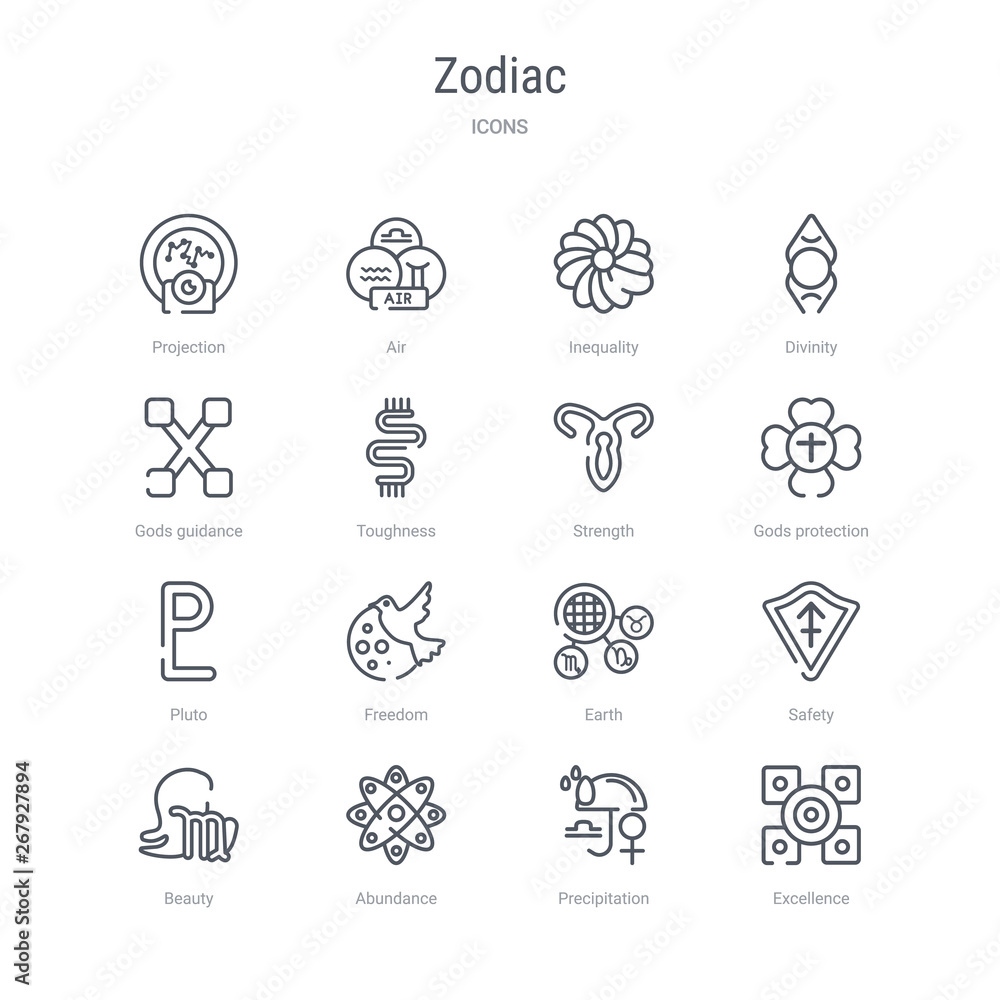 Naklejka set of 16 zodiac concept vector line icons such as excellence, precipitation, abundance, beauty, safety, earth, freedom, pluto. 64x64 thin stroke icons