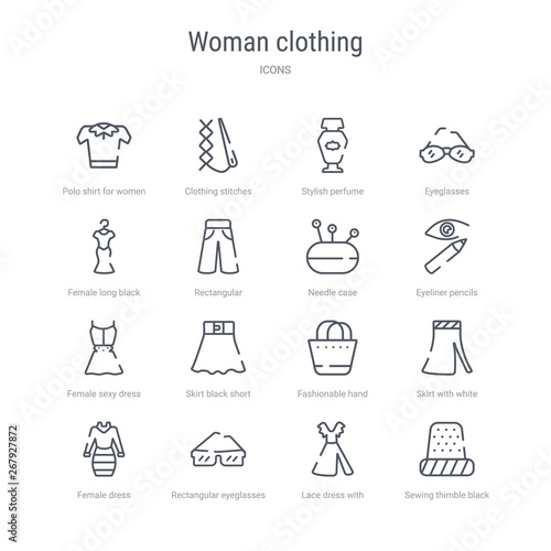 set of 16 woman clothing concept vector line icons such as sewing thimble black variant, lace dress with belt, rectangular eyeglasses, female dress, skirt with white lining, fashionable hand bag,