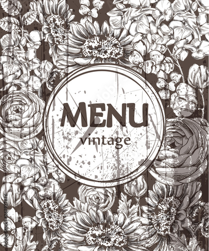 Vintage card with flowers Vector lineart. Sunflower, peony and roses old effe...