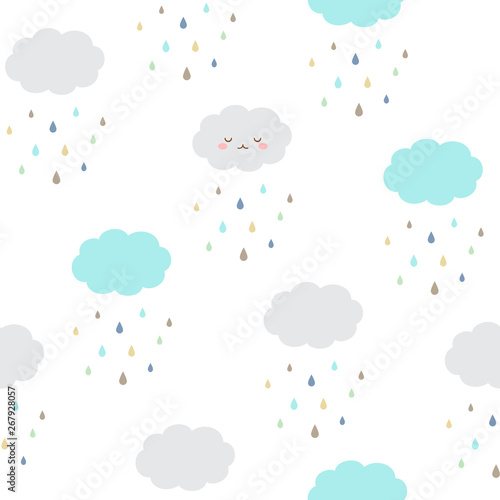 Clouds with raindrops seamless pattern