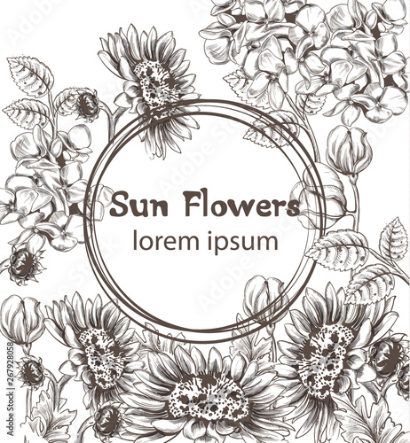Vintage card with flowers Vector lineart. Sunflower, peony and roses old effe...