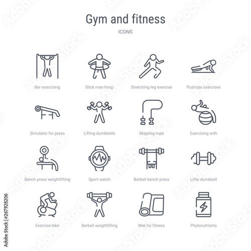 set of 16 gym and fitness concept vector line icons such as phytonutrients, mat for fitness, barbell weightlifting, exercise bike, little dumbbell, barbell bench press, sport watch, bench press