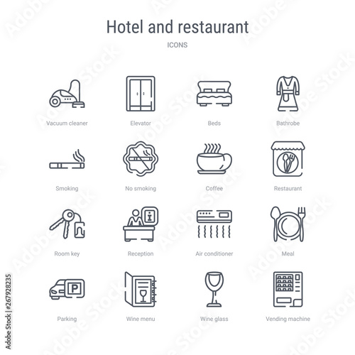 set of 16 hotel and restaurant concept vector line icons such as vending machine, wine glass, wine menu, parking, meal, air conditioner, reception, room key. 64x64 thin stroke icons