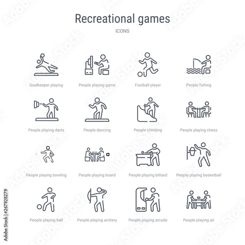 set of 16 recreational games concept vector line icons such as people playing air hockey, people playing arcade game, people playing archery, ball, basketball, billiard, board games, bowling. 64x64