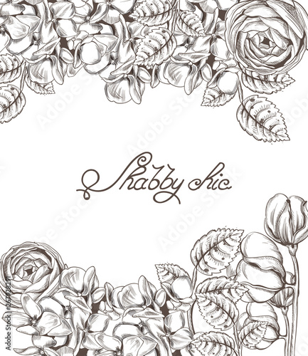 Vintage card with flowers Vector lineart. Floral decor old effect styles