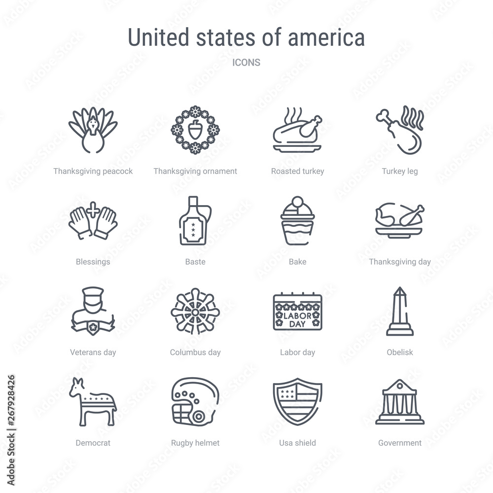 set of 16 united states of america concept vector line icons such as government, usa shield, rugby helmet, democrat, obelisk, labor day, columbus day, veterans day. 64x64 thin stroke icons