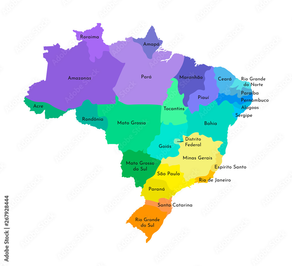 Vector isolated illustration of simplified administrative map of Brazil. Borders and names of the regions. Multi colored silhouettes