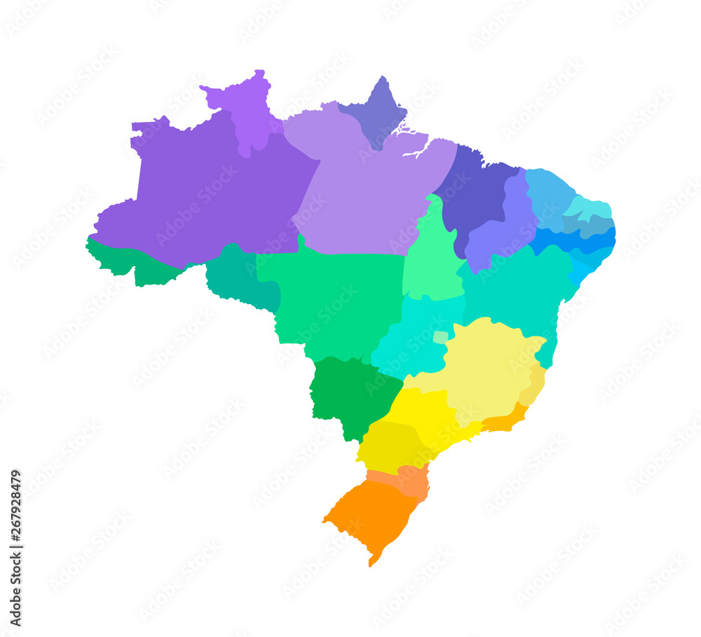 Vector isolated illustration of simplified administrative map of Brazil. Borders of the regions. Multi colored silhouettes