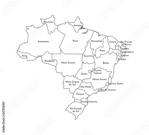 Vector isolated illustration of simplified administrative map of Brazil. Borders and names of the regions. Black line silhouettes