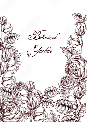 Vintage card with flowers Vector lineart. Floral decor old effect styles