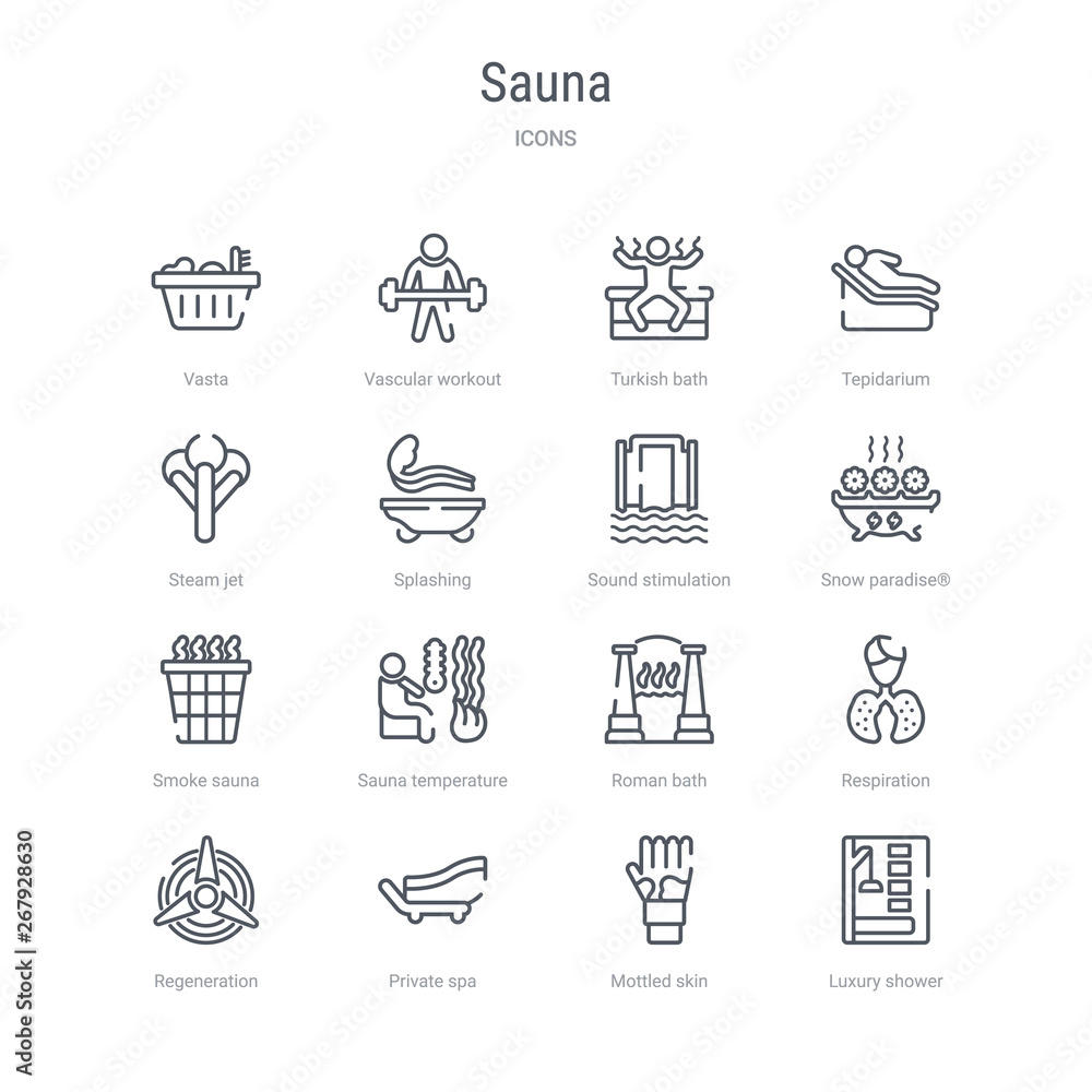 set of 16 sauna concept vector line icons such as luxury shower, mottled skin, private spa, regeneration, respiration, roman bath, sauna temperature, smoke sauna. 64x64 thin stroke icons