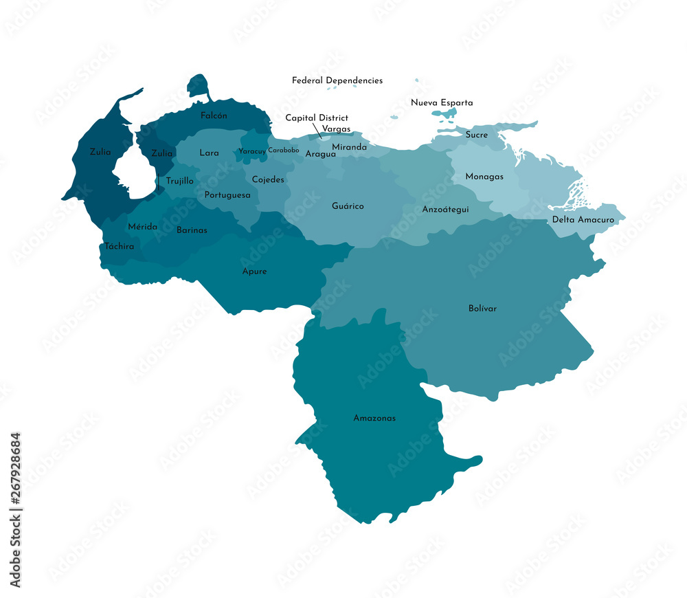 Vector isolated illustration of simplified administrative map of Venezuela. Borders and names of the regions. Colorful blue khaki silhouettes