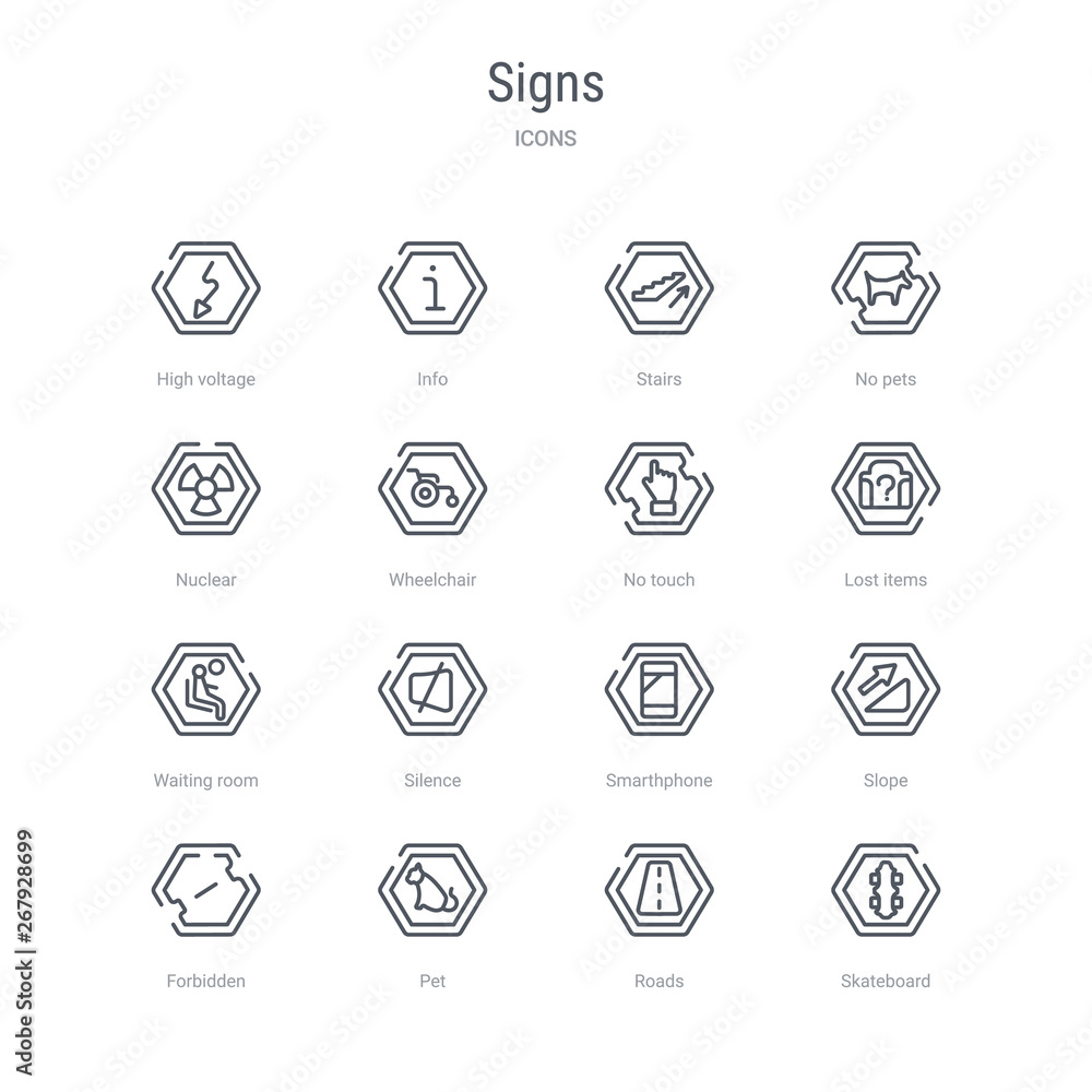 set of 16 signs concept vector line icons such as skateboard, roads, pet, forbidden, slope, smarthphone, silence, waiting room. 64x64 thin stroke icons