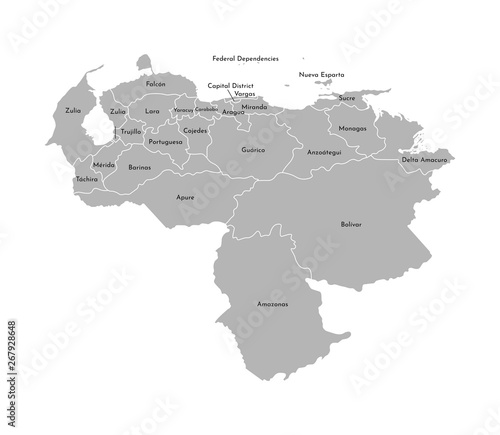 Vector isolated illustration of simplified administrative map of Venezuela. Borders and names of the provinces  regions . Grey silhouettes. White outline