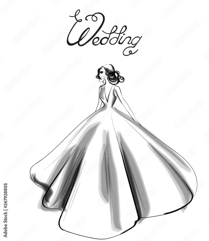 bride-silhouette-vector-line-art-beautiful-long-dress-template-for
