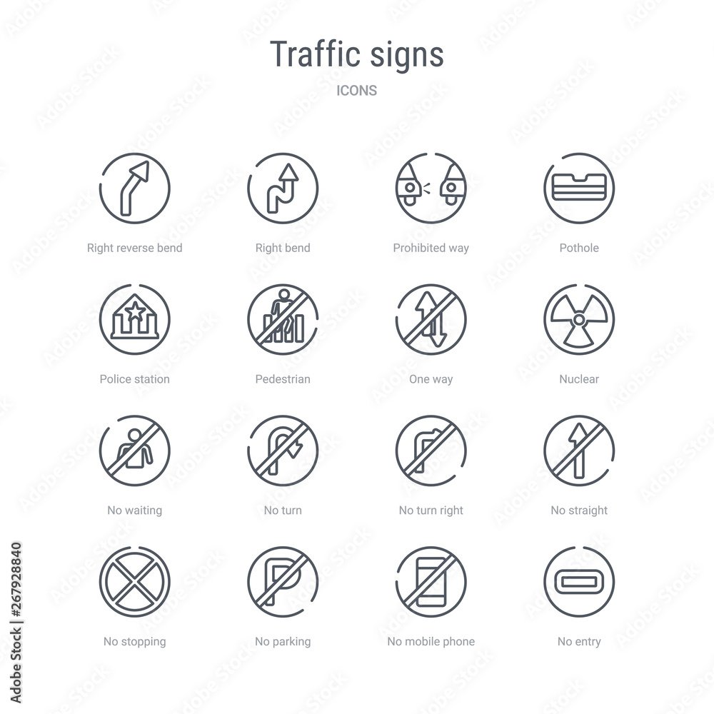 set of 16 traffic signs concept vector line icons such as no entry, no mobile phone, no parking, stopping, straight, turn right, turn, waiting. 64x64 thin stroke icons