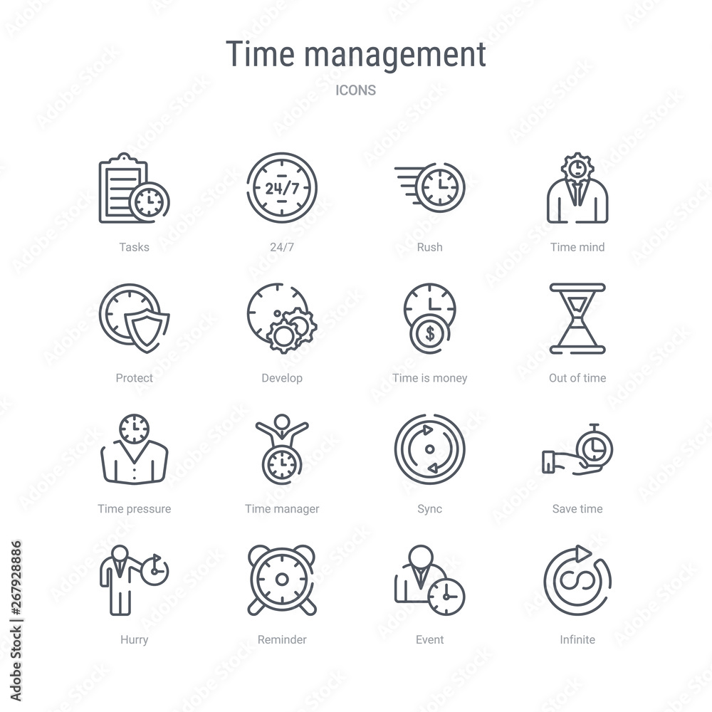 set of 16 time management concept vector line icons such as infinite, event, reminder, hurry, save time, sync, time manager, pressure. 64x64 thin stroke icons set of 16 time management concept vector line icons such as infinite, event, reminder, hurry, save time, sync, time manager, pressure. 64x64 thin stroke icons