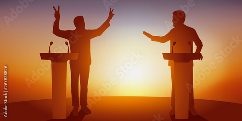 Concept du débat politique, avec deux candidats derrière leurs pupitres, qui se battent pour obtenir le leadership et conquérir le pouvoir, en appelant les électeurs a voter pour eux.