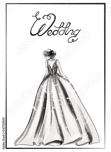 Bride silhouette Vector line art. Beautiful long dress . Template for design ...