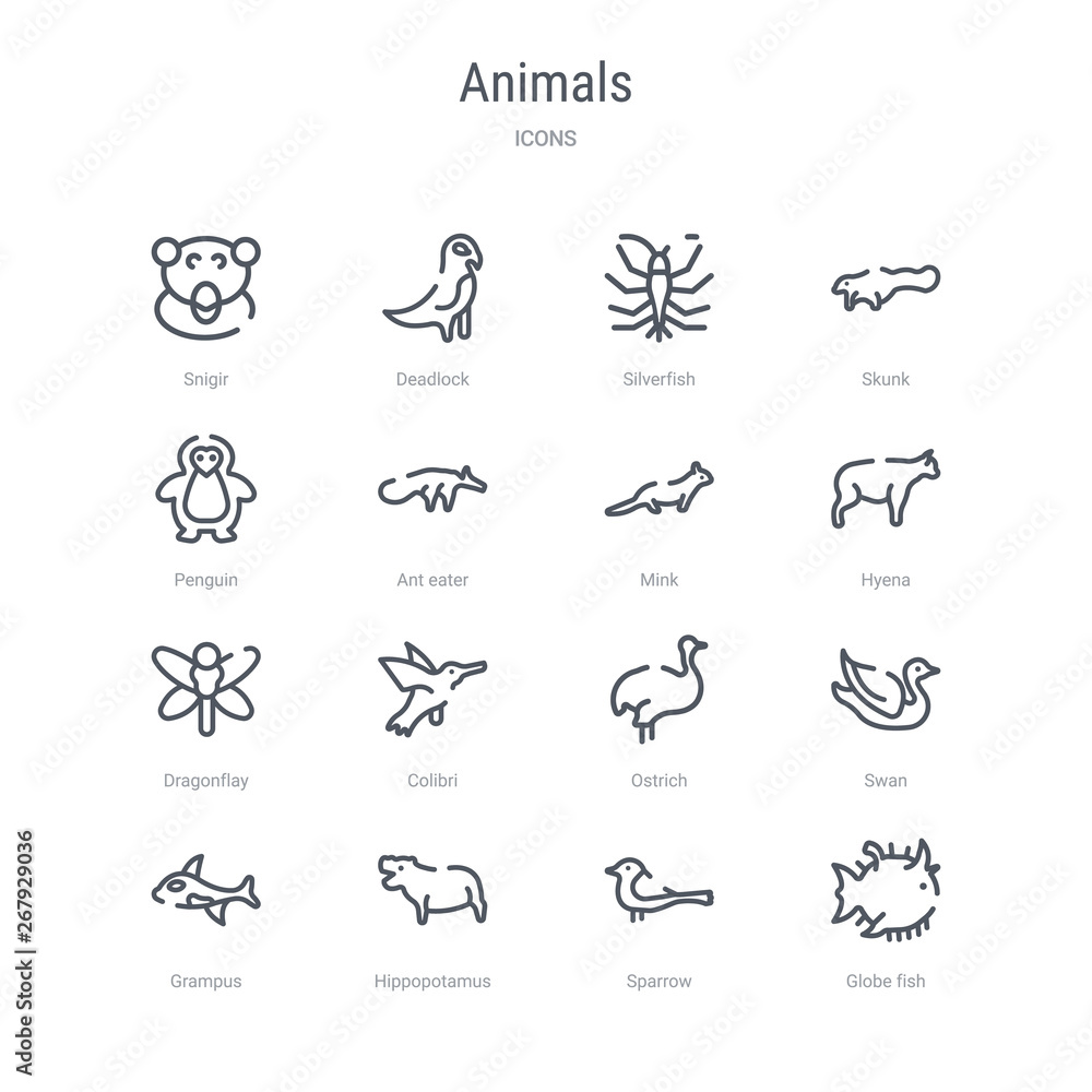 set of 16 animals concept vector line icons such as globe fish, sparrow, hippopotamus, grampus, swan, ostrich, colibri, dragonflay. 64x64 thin stroke icons set of 16 animals concept vector line icons such as globe fish, sparrow, hippopotamus, grampus, swan, ostrich, colibri, dragonflay. 64x64 thin stroke icons