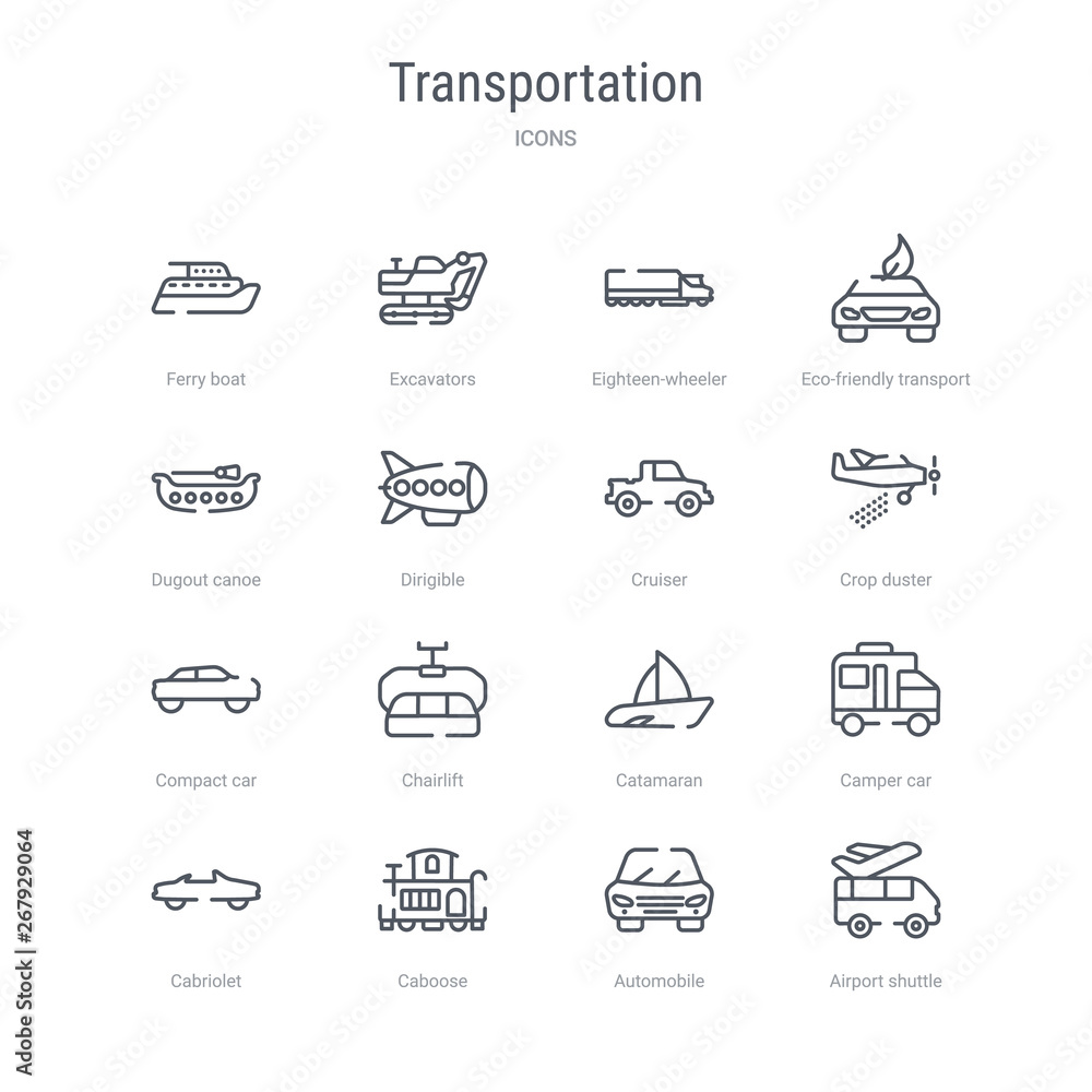 set of 16 transportation concept vector line icons such as airport shuttle, automobile, caboose, cabriolet, camper car, catamaran, chairlift, compact car. 64x64 thin stroke icons set of 16 transportation concept vector line icons such as airport shuttle, automobile, caboose, cabriolet, camper car, catamaran, chairlift, compact car. 64x64 thin stroke icons