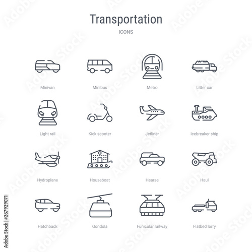 set of 16 transportation concept vector line icons such as flatbed lorry, funicular railway, gondola, hatchback, haul, hearse, houseboat, hydroplane. 64x64 thin stroke icons