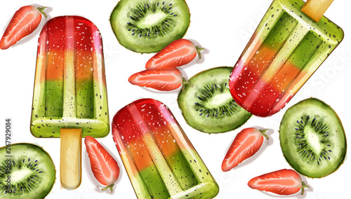 Ice cream fruits pattern Vector watercolor. Delicious kiwi and strawberry des...