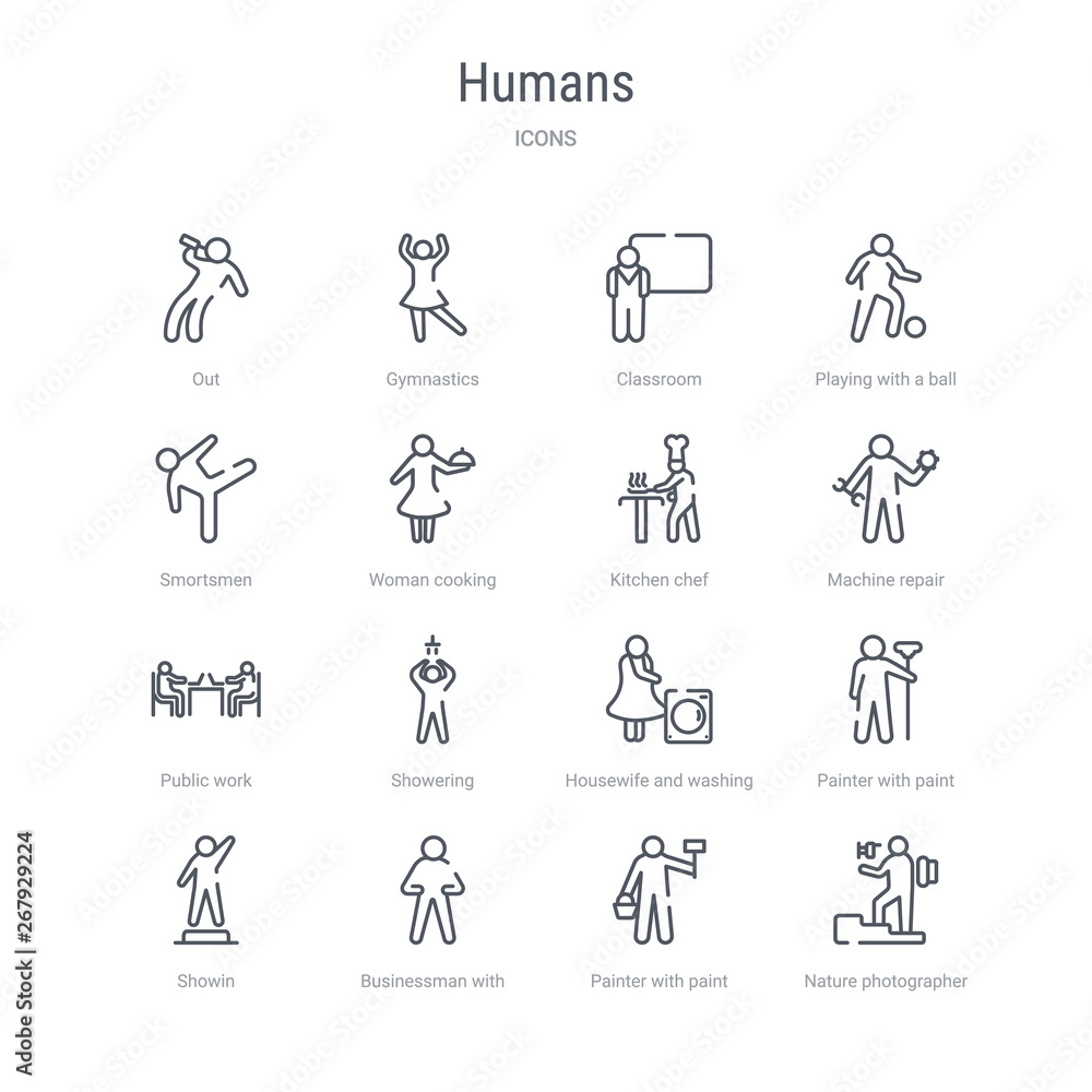 set of 16 humans concept vector line icons such as nature photographer, painter with paint bucket, businessman with tie, showin, painter with paint roller, housewife and washing machine, showering, - obrazy, fototapety, plakaty 
