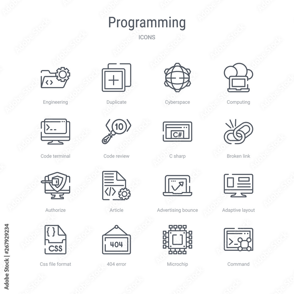 set of 16 programming concept vector line icons such as command, microchip, 404 error, css file format, adaptive layout, advertising bounce, article, authorize. 64x64 thin stroke icons set of 16 programming concept vector line icons such as command, microchip, 404 error, css file format, adaptive layout, advertising bounce, article, authorize. 64x64 thin stroke icons