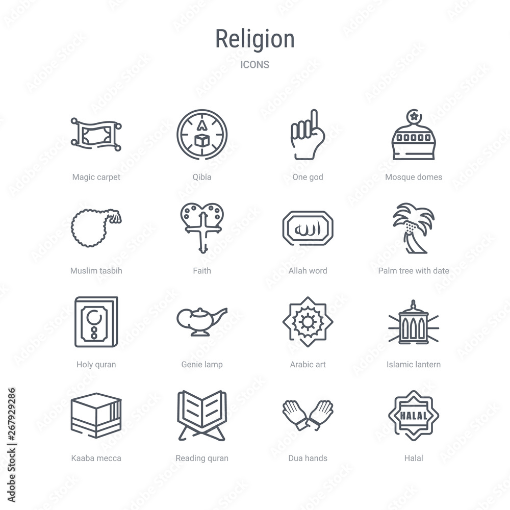 Fototapeta set of 16 religion concept vector line icons such as halal, dua hands, reading quran, kaaba mecca, islamic lantern, arabic art, genie lamp, holy quran. 64x64 thin stroke icons