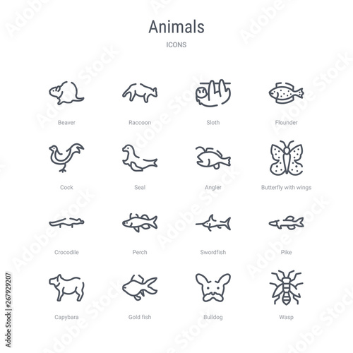 set of 16 animals concept vector line icons such as wasp, bulldog, gold fish, capybara, pike, swordfish, perch, crocodile. 64x64 thin stroke icons