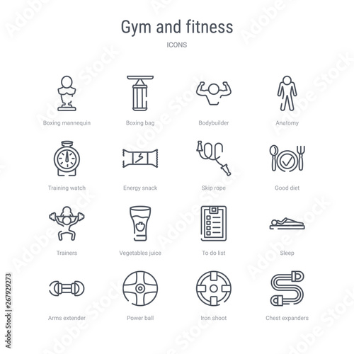 set of 16 gym and fitness concept vector line icons such as chest expanders  iron shoot  power ball  arms extender  sleep  to do list  vegetables juice  trainers. 64x64 thin stroke icons