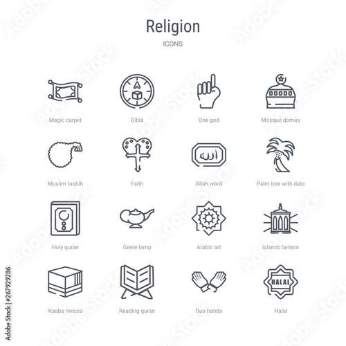 set of 16 religion concept vector line icons such as halal, dua hands, reading quran, kaaba mecca, islamic lantern, arabic art, genie lamp, holy quran. 64x64 thin stroke icons